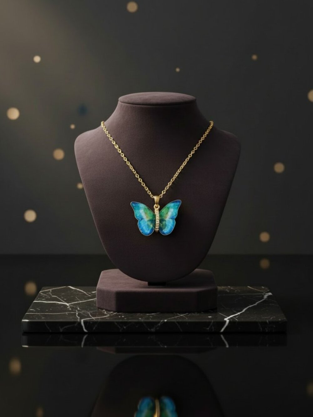 Gold-Plated Blue/Green CZ Butterfly Pendant Necklace, Titanium Steel Chain